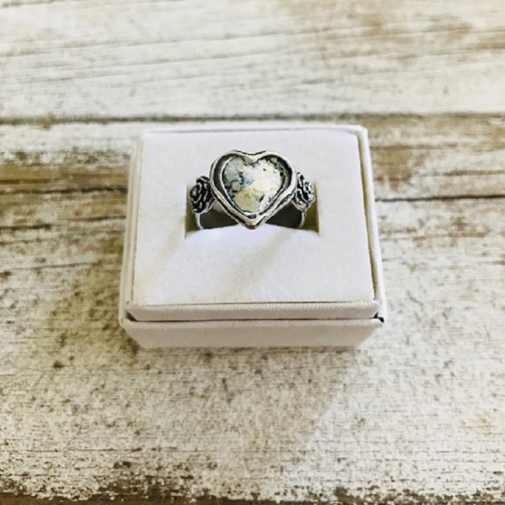 Boho Sterling Silver Roman Glass Heart Ring